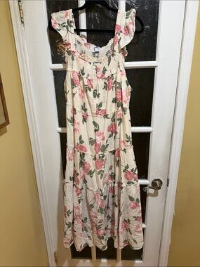 Old Navy Cream Floral Smocked Top with Pink and Green Accents